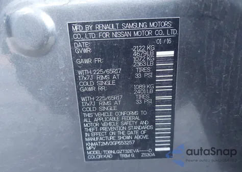 2016 Nissan Rogue Sv z USA, uszkodzony, nr VIN KNMAT2MV3GP653257